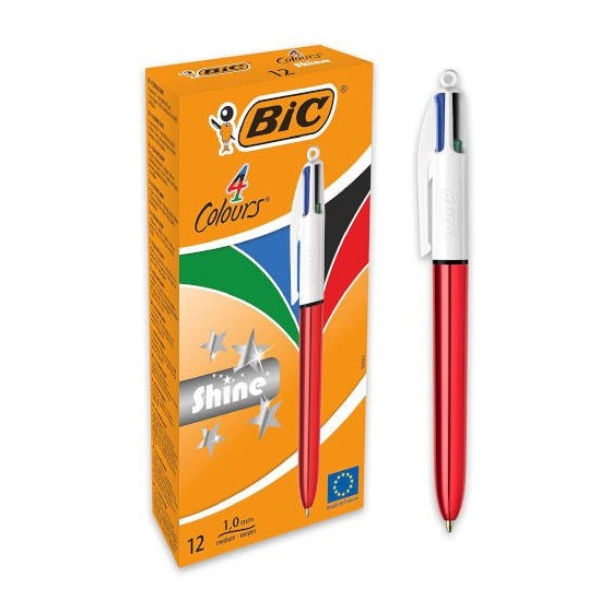 BOLIGRAFO DE 4 COLORES SHINE 1MM CON CUERPO ROJO METÁLICO BIC 982877 (x12 unidades)