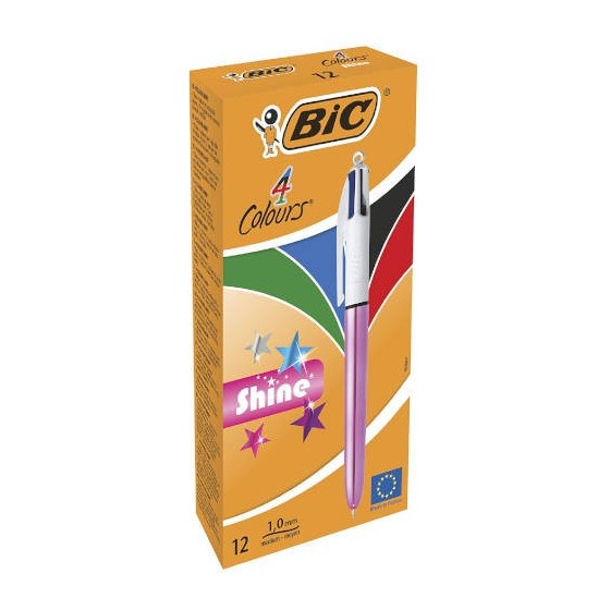 BOLIGRAFO DE 4 COLORES SHINE 1MM CON CUERPO ROSA METÁLICO BIC 982875 (x12 unidades)