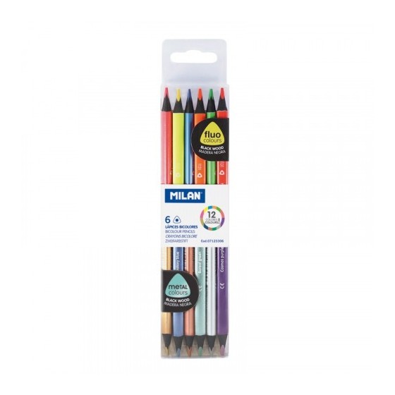 CAJA DE 6 LÁPICES COLORES FLUORESCENTES METALALIZADOS BICOLOR MILAN 7123306B