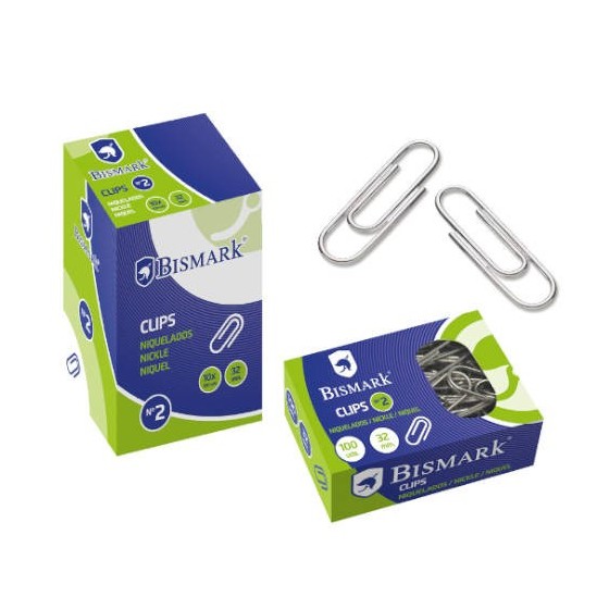 CAJA 100 CLIPS LABIADOS NIQUELADOS PUNTA REDONDA Nº 2 DE 32 MM. BISMARK 316865 (x10 unidades)