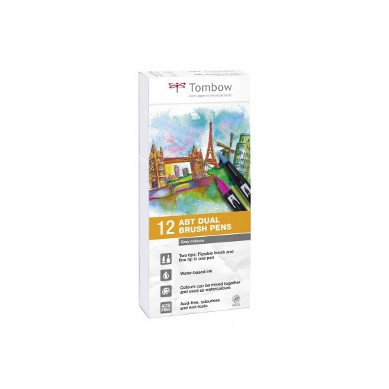 ESTUCHE 12 ROTULADORES DOBLE PUNTA PINCEL GAMA DE GRISES TOMBOW ABT-12P-3