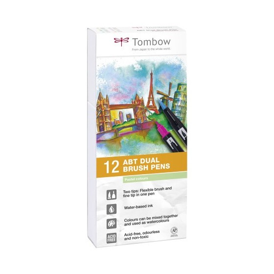 Tombow ABT-12P-2 rotulador Fino Azul, Verde, Gris, Azul claro, Verde claro, Menta, Rosa, Púrpura, Amarillo 12 pieza(s)