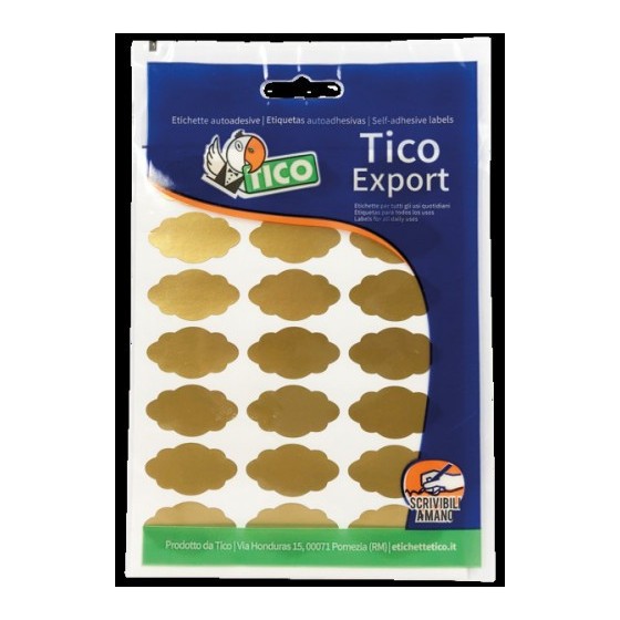 PAQUETE 10 HOJAS ETIQUETAS SATINADAS ORO 36X19 MM TICO E-GL-3619
