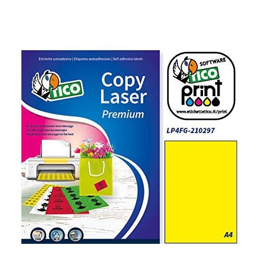 CAJA 70 HOJAS ETIQUETAS AMARILLO FLUORESCENTE SIN MÁRGENES-LÁSER/INYECCIÓN DE TINTA/FOTOCOPIADORAS-210X297 MM TICO LP4FG-210297