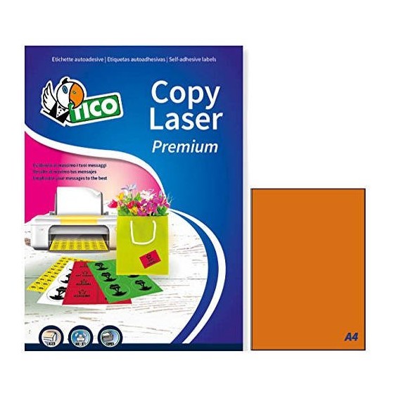 CAJA 70 HOJAS ETIQUETAS NARANJA FLUORESCENTE SIN MÁRGENES-LÁSER/INYECCIÓN DE TINTA/FOTOCOPIADORAS-210X297 MM TICO LP4FA-210297