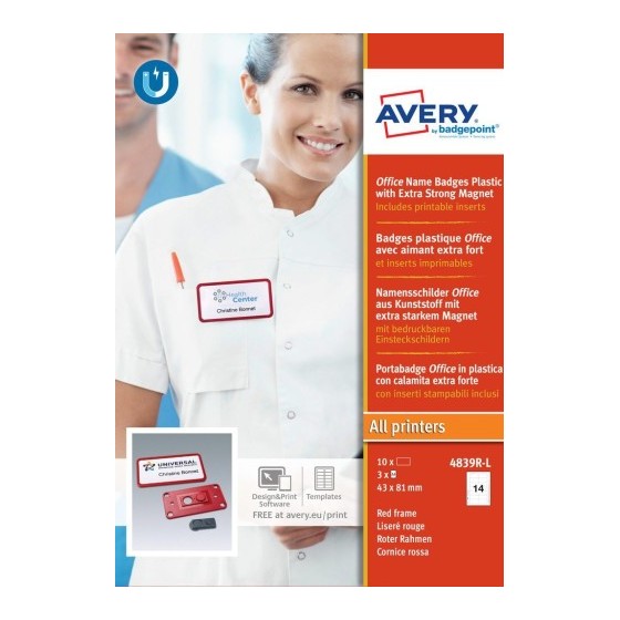 CAJA 10 PORTANOMBRES OFFICE BADGE ROJO CON IMÁN EXTRA FUERTE--37 X 75 MM AVERY 4839R-L