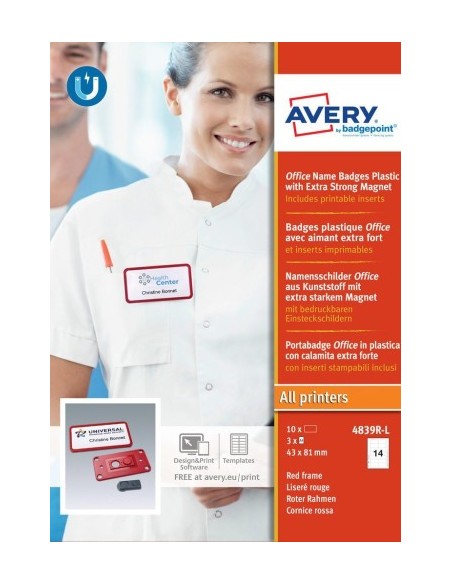 CAJA 10 PORTANOMBRES OFFICE BADGE ROJO CON IMÁN EXTRA FUERTE--37 X 75 MM AVERY 4839R-L