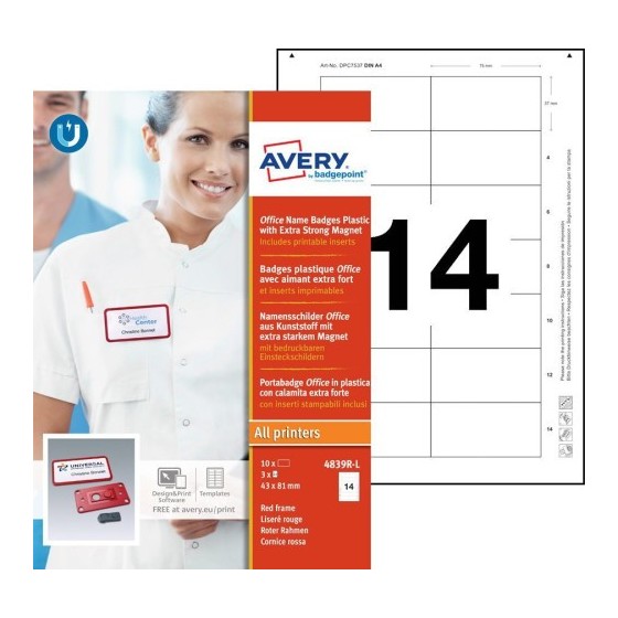 CAJA 10 PORTANOMBRES OFFICE BADGE ROJO CON IMÁN EXTRA FUERTE--37 X 75 MM AVERY 4839R-L