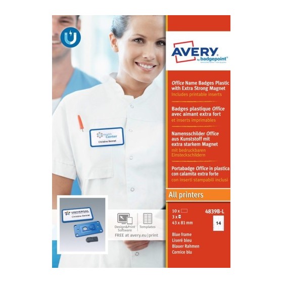 CAJA 10 PORTANOMBRES OFFICE BADGE AZUL CON IMÁN EXTRA FUERTE–37 X 75 MM AVERY 4839B-L