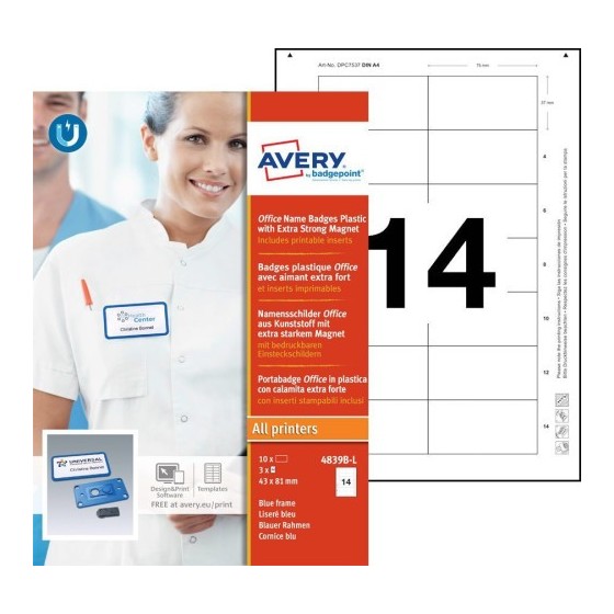 CAJA 10 PORTANOMBRES OFFICE BADGE AZUL CON IMÁN EXTRA FUERTE–37 X 75 MM AVERY 4839B-L