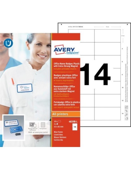 CAJA 10 PORTANOMBRES OFFICE BADGE AZUL CON IMÁN EXTRA FUERTE–37 X 75 MM AVERY 4839B-L