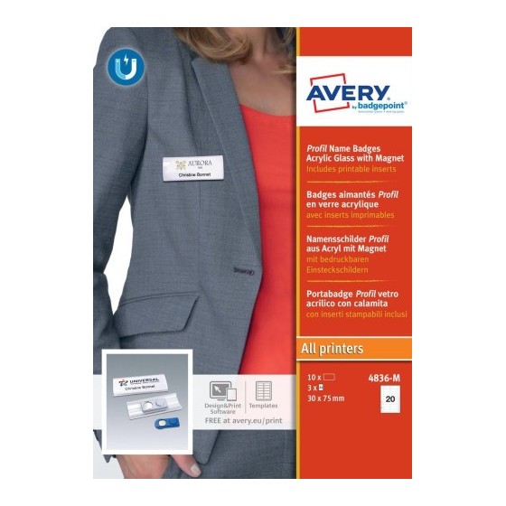CAJA 10 PORTANOMBRES PROFIL BADGE CON IMÁN–27 X 75 MM AVERY 4836-M