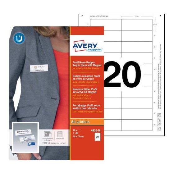 CAJA 10 PORTANOMBRES PROFIL BADGE CON IMÁN–27 X 75 MM AVERY 4836-M