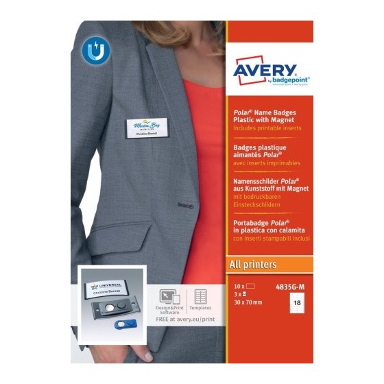 CAJA 10 PORTANOMBRES POLAR BADGE ANTRACITA CON IMÁN–30 X 65 MM AVERY 4835G-M