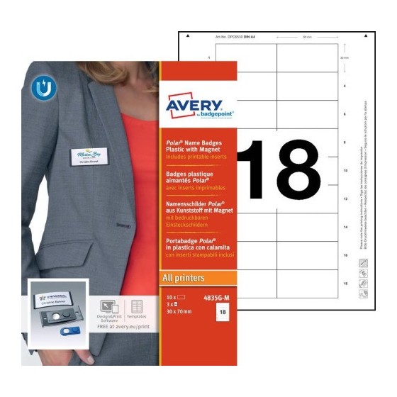 CAJA 10 PORTANOMBRES POLAR BADGE ANTRACITA CON IMÁN–30 X 65 MM AVERY 4835G-M