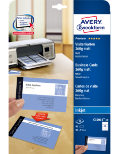 PAQUETE 10 HOJAS TARJETAS DE VISITA BLANCAS QUICK CLEAN DE PAPEL CUCHÉ OPACAS-260 G-IMPRESORAS DE INYECCIÓN DE TINTA-85X54 MM AVERY C32015-10E