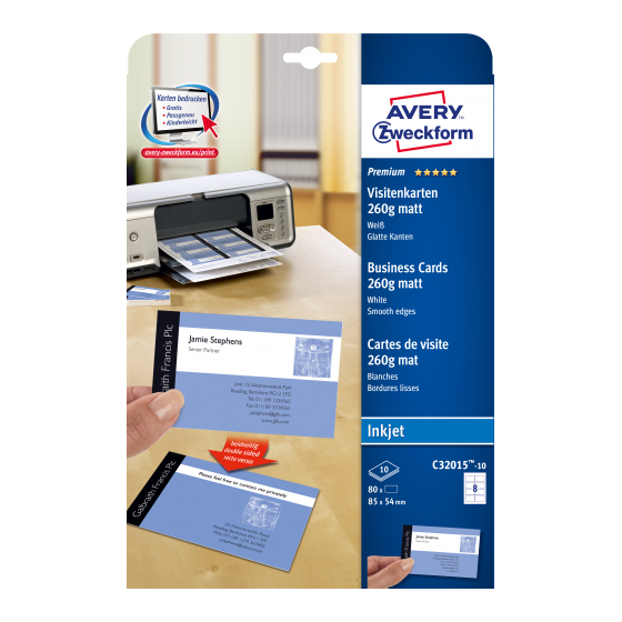 PAQUETE 10 HOJAS TARJETAS DE VISITA BLANCAS QUICK CLEAN DE PAPEL CUCHÉ OPACAS-260 G-IMPRESORAS DE INYECCIÓN DE TINTA-85X54 MM AVERY C32015-10E