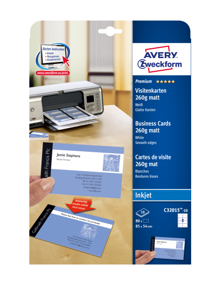 PAQUETE 10 HOJAS TARJETAS DE VISITA BLANCAS QUICK CLEAN DE PAPEL CUCHÉ OPACAS-260 G-IMPRESORAS DE INYECCIÓN DE TINTA-85X54 MM AVERY C32015-10E