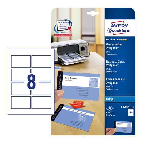 PAQUETE 10 HOJAS TARJETAS DE VISITA BLANCAS QUICK CLEAN DE PAPEL CUCHÉ OPACAS-260 G-IMPRESORAS DE INYECCIÓN DE TINTA-85X54 MM AVERY C32015-10E