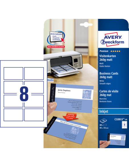 PAQUETE 10 HOJAS TARJETAS DE VISITA BLANCAS QUICK CLEAN DE PAPEL CUCHÉ OPACAS-260 G-IMPRESORAS DE INYECCIÓN DE TINTA-85X54 MM AVERY C32015-10E