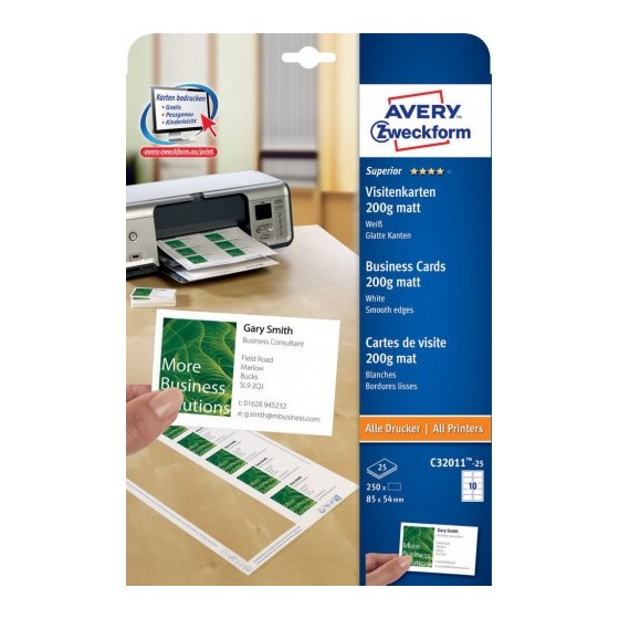 PAQUETE 25 HOJAS TARJETAS DE VISITA BLANCAS 200G QUICK CLEAN-ECOLÓGICAS-IMPRESORAS LÁSER-85X54 MM AVERY C32011-25