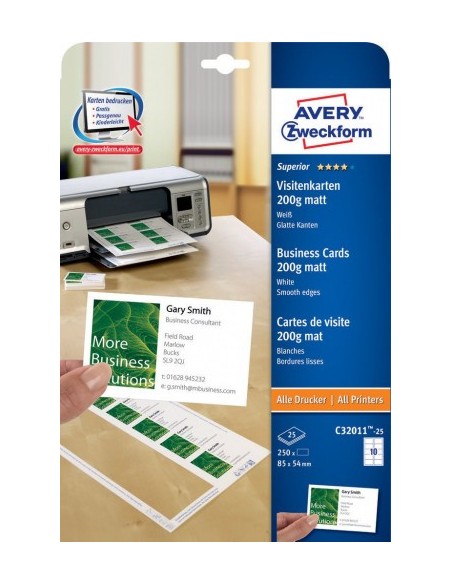 PAQUETE 25 HOJAS TARJETAS DE VISITA BLANCAS 200G QUICK CLEAN-ECOLÓGICAS-IMPRESORAS LÁSER-85X54 MM AVERY C32011-25