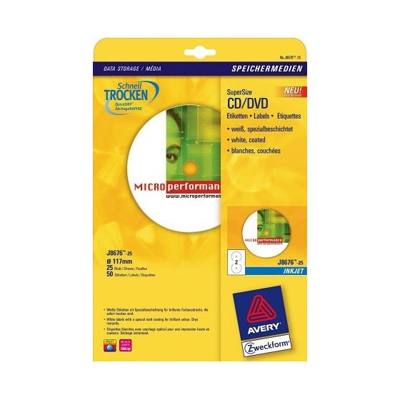 PAQUETE 25 HOJAS ETIQUETAS FULL-FACE NO TOUCH BLANCAS PAPEL CUCHÉ OPACA PARA CD-IMPRESORAS INYECCIÓN TINTA-117 MM AVERY J8676-25