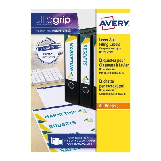 PAQUETE 25 HOJAS ETIQUETAS BLANCAS PARA ARCHIVADORES CON DORSO FINO-IMPRESORAS LÁSER-192X38 MM AVERY L4760-25
