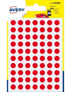 PAQUETE 6 HOJAS ETIQUETAS REDONDAS GOMETS ROJAS 8MM DIAMETRO AVERY PSA08R