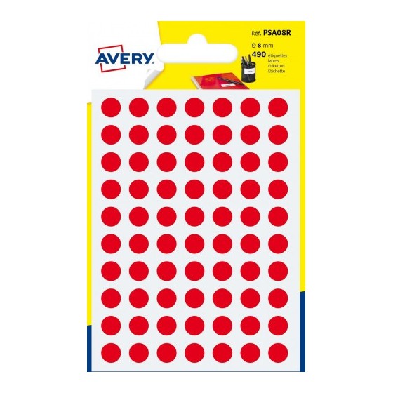 PAQUETE 6 HOJAS ETIQUETAS REDONDAS GOMETS ROJAS 8MM DIAMETRO AVERY PSA08R