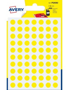 PAQUETE 6 HOJAS ETIQUETAS REDONDAS GOMETS AMARILLAS 8MM DIAMETRO AVERY PSA08J