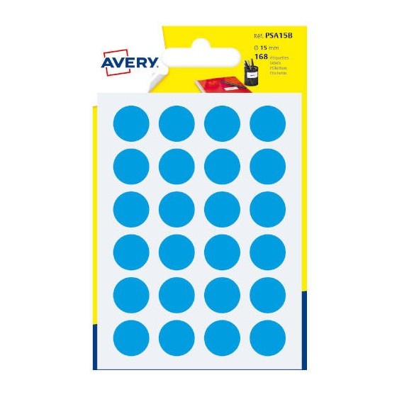 PAQUETE 7 HOJAS ETIQUETAS REDONDAS GOMETS AZUL 15MM DIAMETRO AVERY PSA15B