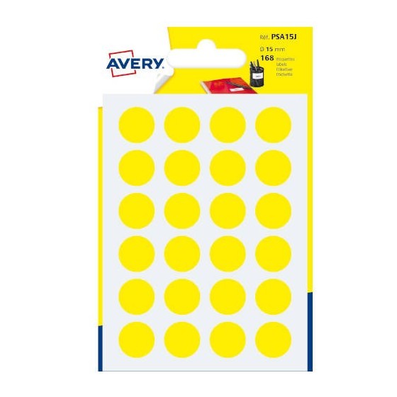 PAQUETE 7 HOJAS ETIQUETAS REDONDAS GOMETS AMARILLAS 15MM DIAMETRO AVERY PSA15J