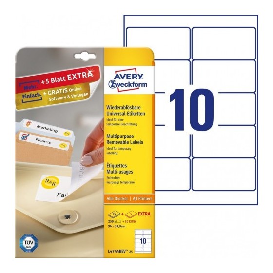 PAQUETE 25 HOJAS ETIQUETAS DESPEGABLES ECOLÓGICAS, CERTIFICADAS FSC-IMPRESORAS LÁSER-96X 50,8 MM AVERY L4744REV-25