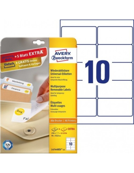 PAQUETE 25 HOJAS ETIQUETAS DESPEGABLES ECOLÓGICAS, CERTIFICADAS FSC-IMPRESORAS LÁSER-96X 50,8 MM AVERY L4744REV-25