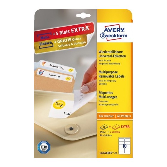 PAQUETE 25 HOJAS ETIQUETAS DESPEGABLES ECOLÓGICAS, CERTIFICADAS FSC-IMPRESORAS LÁSER-96X 50,8 MM AVERY L4744REV-25