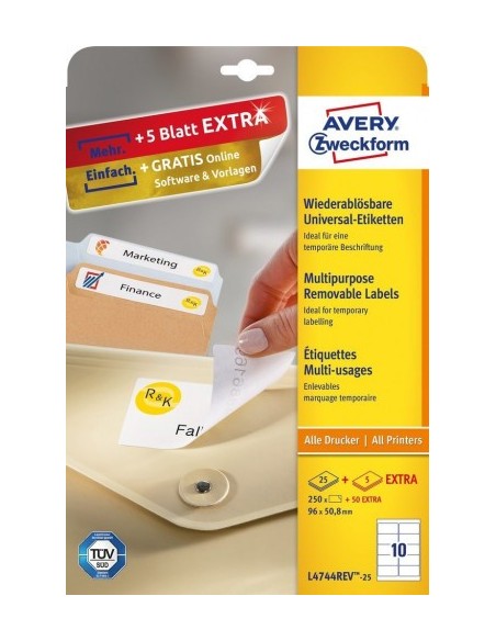 PAQUETE 25 HOJAS ETIQUETAS DESPEGABLES ECOLÓGICAS, CERTIFICADAS FSC-IMPRESORAS LÁSER-96X 50,8 MM AVERY L4744REV-25