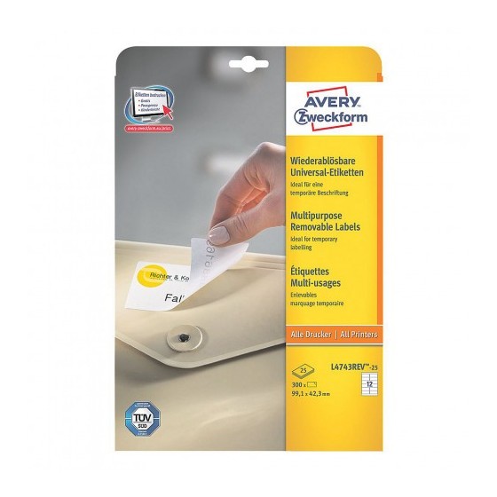 PAQUETE 25 HOJAS ETIQUETAS DESPEGABLES ECOLÓGICAS, CERTIFICADAS FSC-IMPRESORAS LÁSER-99,1X42,3 MM AVERY L4743REV-25