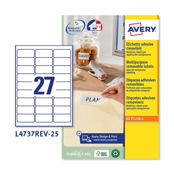 PAQUETE 25 HOJAS ETIQUETAS DESPEGABLES ECOLÓGICAS, CERTIFICADAS FSC-IMPRESORAS LÁSER-63,5X29,6 MM AVERY L4737REV-25