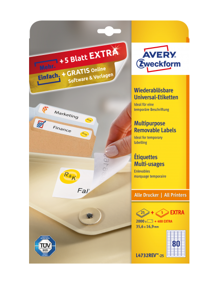PAQUETE 25 HOJAS ETIQUETAS DESPEGABLES ECOLÓGICAS, CERTIFICADAS FSC-IMPRESORAS LÁSER-35,6X16,9 MM AVERY L4732REV-25