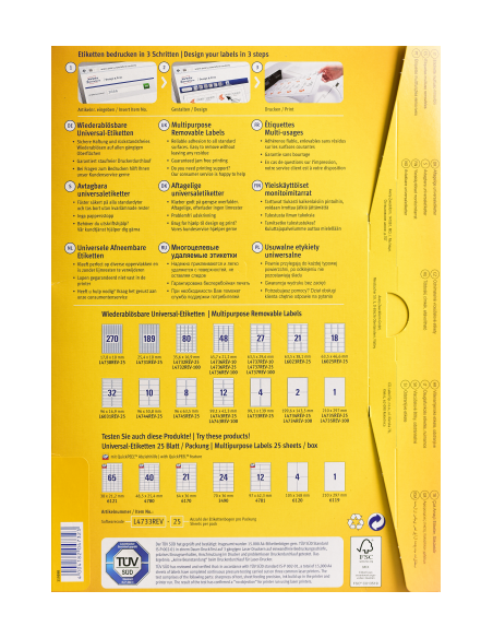 PAQUETE 25 HOJAS ETIQUETAS DESPEGABLES ECOLÓGICAS, CERTIFICADAS FSC-IMPRESORAS LÁSER-35,6X16,9 MM AVERY L4732REV-25