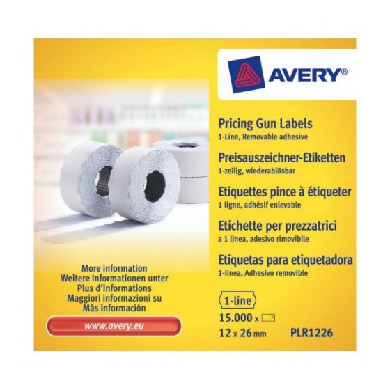 PACK 10 ROLLOS DE ETIQUETAS BLANCAS-DESPEGABLES DE 1 LÍNEA-1.500 ETIQUETAS 12X26MM POR ROLLO AVERY PLR1226