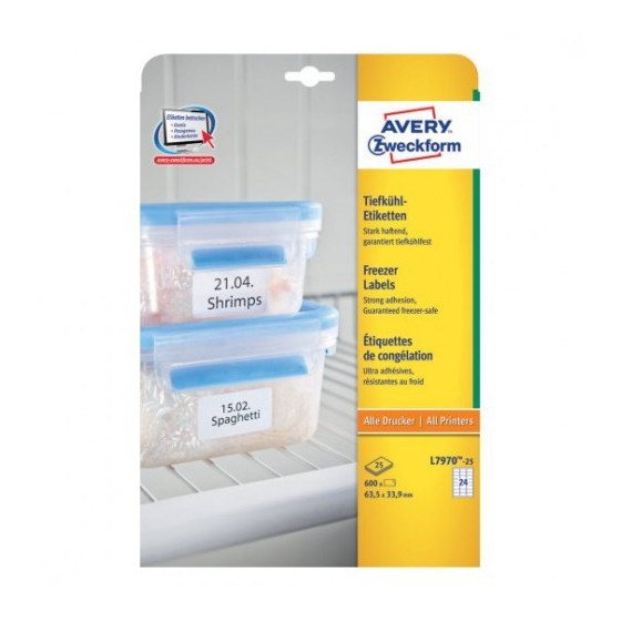 PAQUETE 25 HOJAS ETIQUETAS PARA EL CONGELADOR-IMPRESORAS LÁSER, INYECCIÓN DE TINTA Y FOTOCOPIADORAS-63,5 X 33,9 MM AVERY L7970-25