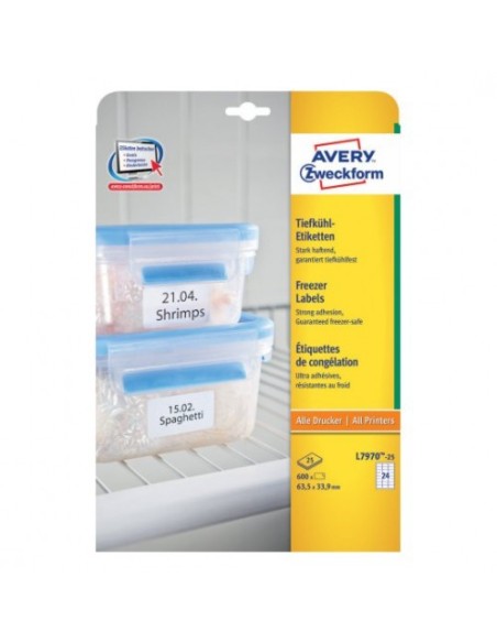 PAQUETE 25 HOJAS ETIQUETAS PARA EL CONGELADOR-IMPRESORAS LÁSER, INYECCIÓN DE TINTA Y FOTOCOPIADORAS-63,5 X 33,9 MM AVERY L7970-25