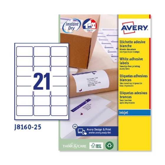 PAQUETE 25 HOJAS ETIQUETAS BLANCAS QUICK DRY-IMPRESORAS DE INYECCIÓN DE TINTA-63,5X38,1 MM AVERY J8160-25