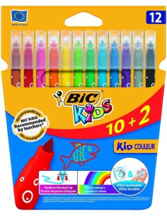 ESTUCHE 10+2 ROTULADORES ULTRALAVABLES KID COULEUR TRAZO 0,8MM. 12 COLORES BIC 9202942