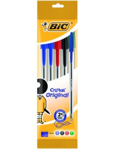 BOLSA 5 BOLIGRAFOS CRISTAL CON CUERPO TRANSPARENTE TRAZO 0,4MM. COLORES SURTIDOS (2A+1N+1R+1V) BIC 802054