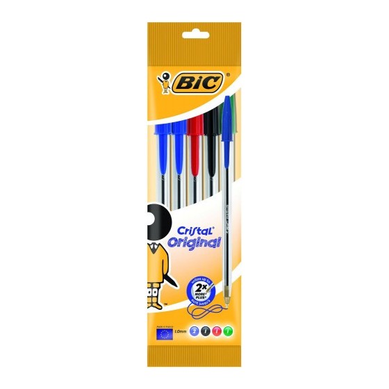 BOLSA 5 BOLIGRAFOS CRISTAL CON CUERPO TRANSPARENTE TRAZO 0,4MM. COLORES SURTIDOS (2A+1N+1R+1V) BIC 802054