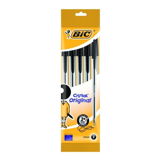 BOLSA 5 BOLIGRAFOS CRISTAL CON CUERPO TRANSPARENTE TRAZO 0,4MM. NEGRO BIC 802051