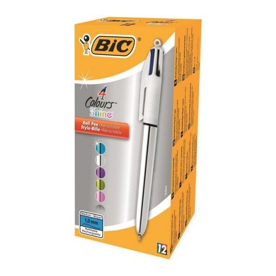 BOLIGRAFO 4 COLORES SHINE PUNTA FINA COLOR PLATA AZUL/NEGRO/ROJO Y VERDE BIC 982873 (x12 unidades)